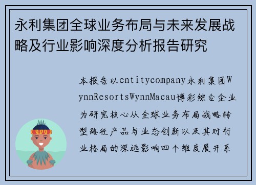 永利集团全球业务布局与未来发展战略及行业影响深度分析报告研究