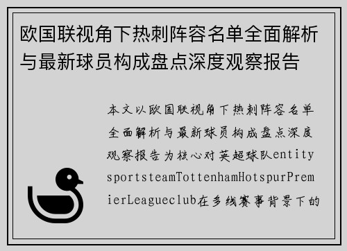 欧国联视角下热刺阵容名单全面解析与最新球员构成盘点深度观察报告